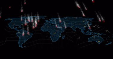 Etkinleştirme sinyalinde, neon-mavi dünya haritası maddeleşiyor ve veri gösterimi için ikili yağmur çekiyor. Dijital, ağ, teknoloji, gelecek, veri, siber, arayüz