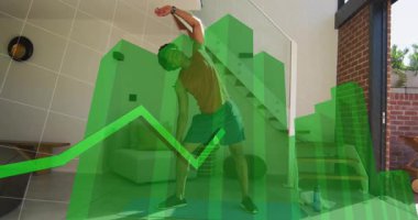 Spor salonunda vücut geliştirme analitiği yapan bir adam 3 boyutlu çubuk ve çizgi grafiğiyle spor yapıyor. Fitness, teknoloji, veri, refah, yenilik, modern, sağlık