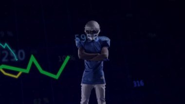 Futbolcu hareket ediyor ve animasyon çizgileri olarak işaret ediyor. Analiz için takip ediyorlar. Sporcu, veri görselleştirme, hareket analizi, dijital spor, fütüristik, performans, yenilik