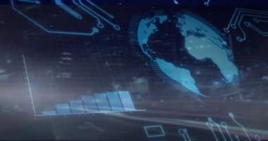 Sanal arayüz içinde yüzen dijital küreyi etkinleştiriyor ve veri eğilimlerini gösteren çubuklar yükseliyor. Futuristik, teknoloji, analitik, yenilik, veri görselleştirme, devre tasarımı, dijital arayüz