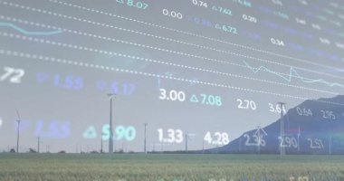 Türbinlerin üzerinde kaydırma yapmaya başlarken, düz dizayndaki enerji değişimlerini görselleştiren döngü ölçümleri. Yenilenebilir, sürdürülebilirlik, teknoloji, yenilik, çevre, veri, enerji