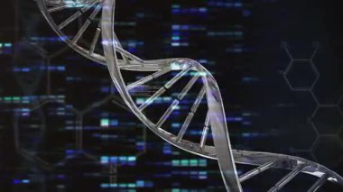 Veri, genetik verileri gösteren kodlar ortaya çıkarken DNA sarmalının dönüşünü ve eğimini gösterir. Fütürist, moleküler, teknoloji, yenilik, soyut, bilim, dijital