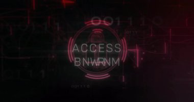 Parçalar ACCESS DENIED metni ile birleşiyor gibi görünüyor neon-kırmızı asma kilit darbesi inkarı olarak. Siber uzay, siber güvenlik, teknoloji, dijital, güvenlik, neon, arayüz