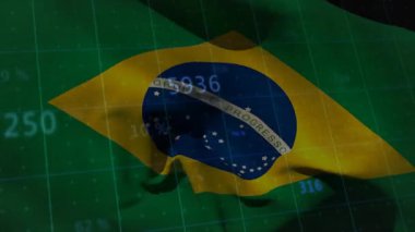 Şebeke üzerinde dalgalanan Brezilya bayrağı ve finansal verileri göstermek için titreşen sayısal örtüler. Vatanseverlik, teknoloji, veri, finans, dijital, yenilik, sembolizm