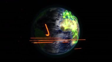Yeşil şebeke üzerinde görünen, Dünya 'yı döndüren, yay yay yayan ve tehlike alarmı veren bir hareket gerektiriyor. Teknoloji, ağ, siber güvenlik, dijital, veri, gelecekçilik, yenilik