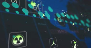 Yeşil veriler, canlı enerji ölçümlerini gösteren kıvılcım simgelerinin yüzdüğünü ve sürüklendiğini gösteriyor. Coğrafya, analitik, sürdürülebilirlik, dijital, yenilik, teknoloji, gösterge paneli