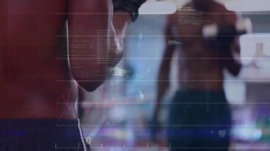 Metal dambılları kavrayan ve her iki kolu kıvırırken animasyon fitness ölçümlerini başlatan bir sporcu. Zindelik, güç, eğitim, performans, kararlılık, disiplin, teknoloji