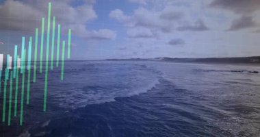 Durgunluktan sonra, çubuklar okyanus üzerinde kırmızı çizgi ve şamdanlarla genişliyor, veri eğilimlerini görselleştiriyor. Deniz manzarası, veri, görselleştirme, sakin, ufuk, dalga, bilgi