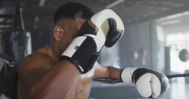 Boksör halatlara tutunuyor, torbaya tepki veriyor ağ bariyerinin arkasında sallanıyor, gardiyan yumruğu atıyor. Sporcu, fitness, antrenman, güç, kararlılık, dayanıklılık, spor