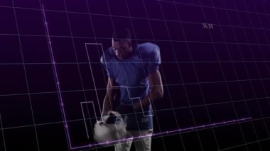 Football player reacting to charts shifting and lifting helmet while sports metrics updating. Athlete, data visualization, augmented reality, sports analytics, futuristic, innovation, performance
