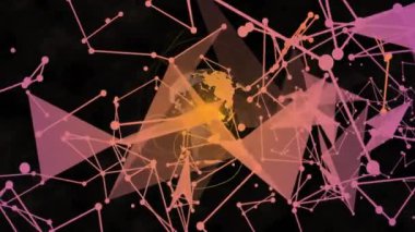 Altın kıvılcım düğümleri sürükleniyor ve dünyayı çevreleyen titreşimleri oluşturuyor. Fütürist, dijital, bağlantı, teknoloji, ağ, geometrik, soyut