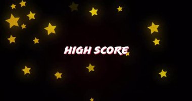 Cesur yüksek skor metnine yakınlaşmak, ifadeyi ortaya çıkarmak ve siyah arkaplan üzerinde kayan altın yıldızları ortaya çıkarmak. Motivasyon, başarı, oyun, dijital, kutlama, dinamik, sinematik