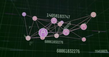 Koyu yeşil ızgara üzerinde ortaya çıkan avatarlar, sayısal hesap ilişkilerini güncelleyen ağ bağlantılarını başlatıyorlar. Bağlantı, veri görselleştirme, dijital ağ, siber alan, soyut tasarım, teknoloji, bilgi akışı