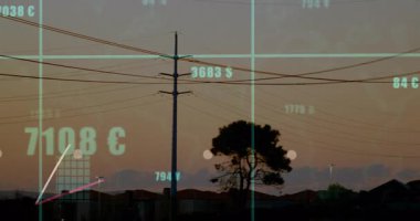 Şebeke güncelleme ve çubuk büyüme ve trend çizgilerinin elektrik kuleleri arasında haritalanması. Soyut, dijital, fütüristik, teknolojik, çevresel, ilerici, analitik