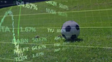 Futbolcu top sürüşünü takip ediyor çimlerin üzerinde yuvarlanıyor, finansal grafikler yükseliyor ve düşüyor. Sporcu, spor, aksiyon, açık hava, modern, yüksek teknoloji, enerjik