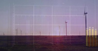 Güneş 'in kareleri indirmesi sahneyi kaplıyor, türbinler yükseltiliyor güç çıkışı verilerini görselleştiriyor. Yenilenebilir, sürdürülebilirlik, enerji, veri görselleştirme, teknoloji, çevre, dijital