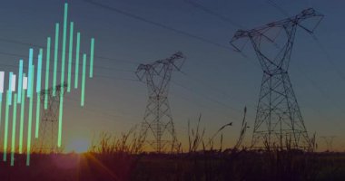 Cyan ekolayzır çubukları alacakaranlık alanı üzerinde ortaya çıkıyor sağ tarafa doğru dalgalanan kuleler sesi görselleştiriyor. Soyut, teknoloji, fütüristik, canlı, enerji, dijital, hareket