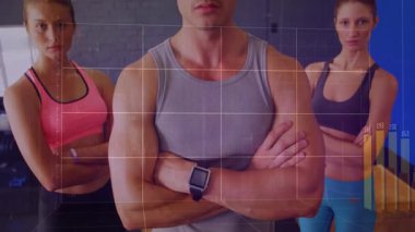 Fitness takımı akıllı seğirme ve animasyon ızgarasını çekiyor, grafikler ve çubuklar fitness ölçümlerini gösteriyor. Çalışma, ilerleme, analitik, güç, veri, performans, dayanıklılık