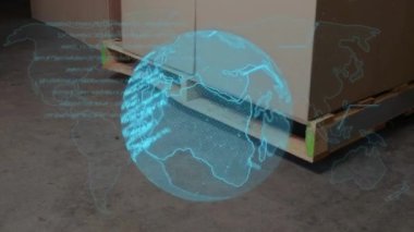 Holografik küre paletin üzerinde maddeleşiyor, yükselen veri tablosu etrafında kod yay şeklinde dönüyor. Futuristik, teknoloji, veri görselleştirme, dijital, endüstriyel, küresel, yenilik