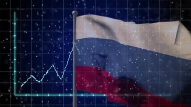 Taban çizgisi görünüyor, çizgi grafiği yükseliyor ve Rus bayrağı üzerinden veri akışını gösteriyor. Dijital, geleceksel, soyut, teknoloji, yenilik, veri, ağ