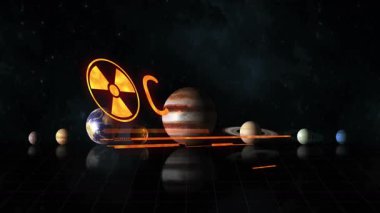 Dünya 'nın arkasında parlayan ikon büyüyüp sonra dönüşerek uyarı sinyal çubuğuna dönüşüyor ve harekete geçilmesi gerekiyor. Kozmos, gelecekçilik, teknoloji, uyarı, tehlike, analiz, dijital