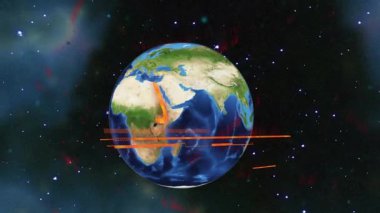 Dünya dönüşü, simgenin tehlikeli metne dönüşmesi, altyazının genişlemesi Uyarı için IMMEDIate Action gereksinimi. Küresel, uyarı, uyarı, fütüristik, acil, dijital, bilim kurgu