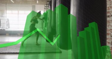 Dişi sporcu boks yumruklarını torbalar karşısında başlatırken, yeşil çizelge yoğunluk zirvelerini görselleştiriyor. Dövüş, spor, performans, güç, antrenman, spor, güç