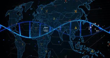 Dünya haritasını süpürerek sol kenara giren veri iplikçikleri dünya veri akış ağını ortaya çıkarıyor. Dijital, bağlantı, teknoloji, ağ, yenilik, fütüristik, soyut
