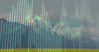 Animasyona başlarken, finansal tablolar yükselen çubuklarla örtüşüyor, dalgalanmayı temsil ediyor. Veri görselleştirme, finans, analitik, grafik arayüzü, yatırım, pazar eğilimleri, teknoloji