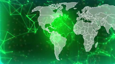 Doğuya doğru dönen yeşil küre, titreşen ağ ve haritayla görsel veri akışını örtüyor. Teknoloji, yenilik, dijital, bağlantı, fütüristik, veri, ağ