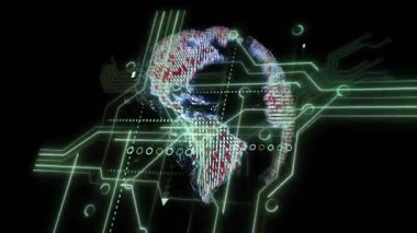 Piksel kümesi dijital dünyayı oluşturmaya başlıyor. Veri gösterimi için neon devreleri döndürüyor ve birbirine bağlıyor. Teknoloji, yenilik, siber uzay, bağlantı, dijital, holografik, ağ