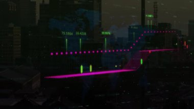 Dünya haritası altında ortaya çıkan Magenta noktaları, çubuklar ve mumlar, piyasa eğilimini gösteren mavi çizelgeye dönüşüyor. Dijital, analitik, fütüristik, veri görselleştirmesi, kentsel, modern, finansal