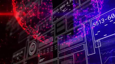 Kırmızı parçacık bulutları küre içinde birleşiyor, rakamsal kodları güncelleyen, verileri görselleştiren ana paneller çiziliyor. Dijital, geleceksel, arayüz, teknoloji, veri, görselleştirme, soyut