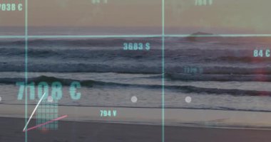 Okyanusu tarayan kameralar para etiketleri, yükselen çizgiler finansal örtüşme gösteren çizgiler. Finansal, analitik, veri, görselleştirme, modern, dijital, teknoloji