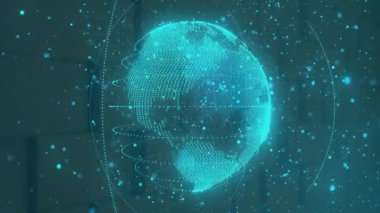 Cyan noktaları bir araya gelerek Dünya noktalarını dolduruyor ve verileri gösteren titreşimli halkalarla dönüyor. Fütüristik, teknoloji, dijital, veri görselleştirme, animasyon, yenilik, bilim