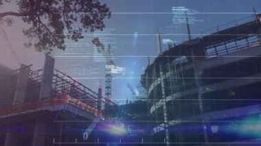 Vinç üreme kodları üzerinde büyüyen şebeke, yükselen ışık altında yükselen grafikler ilerlemeyi gösteriyor. İnşaat, teknoloji, veri görselleştirme, analitik, sanayi, ilerleme, ilerleme izleme