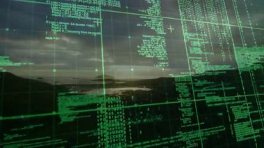 Gün batımı parıltısı yeşil ızgarayı başlatırken, kod sütunları kümelere ayrılır. Gelecek, teknoloji, dijital, veri, okyanus, arayüz, siber