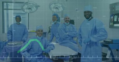 Sağlık ekibi ışıkların altında poz veriyor, şebeke zayıflıyor, neon yeşil çizelge yükselmeden önce iki kez sallanıyor. Tıbbi, takım çalışması, yenilik, klinik, analiz, hassasiyet, teknoloji