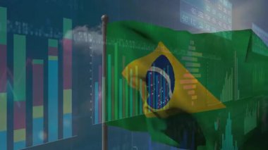 Haritalar zayıfladığında, rüzgar Brezilya bayrağının dalgalanmasına yol açarken haritalar piyasa verilerini gösteriyor. Vatanseverlik, finans, piyasa, ekonomi, veri görselleştirme, açık hava, dinamik
