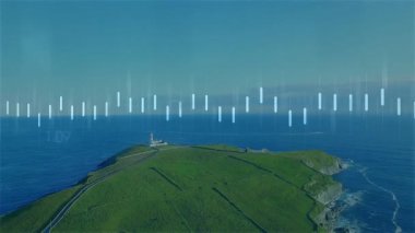 Görünüşte, beyaz çubuklar yükselen ve bisiklet etiketleri, çizgi grafiği ortaya çıkıyor, veri eğilimlerini gösteriyor. Deniz manzarası, veri görselleştirme, analitik, bilgi grafikleri, kıyı manzarası, modern tasarım, dijital sanat