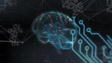 Aktif hale getirildikten sonra holografik beyin dönerek devre arızası çizgileri oluşturur ve veri tarar. Teknoloji, yenilik, nöral, dijital, gelecekçi, ağ, görselleştirme