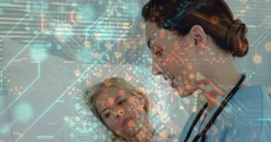 Hemşire hastaneye giriyor, çizelgeyi gözden geçiriyor ve steteskop kullanarak hastayı rahatlatıyor. Sağlık, bakım, şefkat, tıbbi, profesyonellik, sağlık, klinik