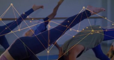 Mavi hasırlar üzerinde yoga öğrencileri iz sürme analizi ile üstüste dizilerek bacak kaldırıyorlar. Egzersiz, sağlık, farkındalık, fitness, bağlantı, uyum, toplum