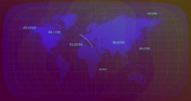 Harita yükünde, veri akışını gösteren değişen yay ile kıtaları birbirine bağlayan düz dünya haritası var. Coğrafya, bağlantı, veri görselleştirme, dijital arayüz, ağ, küresel, teknoloji