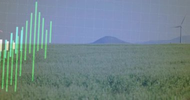 Alan çubuklarında açılıp ızgarada beliren dalgalı çizgiler eşleşen enerjiyi gösteren türbinler çiziyor. Bilgi grafikleri, yenilenebilir, sürdürülebilirlik, çevre, ufuk, dijital, modern