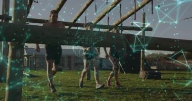 Antrenman sahasını çalıştırmak, fitness üçlüsü kavrayıcı ışın tırmanışı animasyon kaplama ile sıçramak. Macera, takım çalışması, çeviklik, açık hava, dayanıklılık, hareket, atletizm