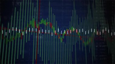 Açılma ızgarası kırmızı-yeşil çubuklar kayarken beyaz keneler titreşiyor ve dalga biçimi verileri gösteriyor. Analizler, finans, ön panel, bilgi, hareket grafikleri, fütüristik, dijital