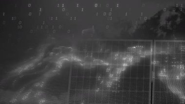 Sol ızgaradan yükselen ikili veri dalgası, dijital veri akışını görselleştirmek için sağ kenara doğru dalgalanır. Fütürist, dijital, soyut, teknoloji, yenilik, akış, hareket
