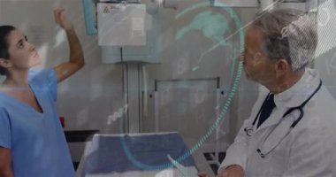 Röntgen cihazını ayarlayan hemşire doktor incelemesini tetiklerken animasyon veri akışı geçmişi ortaya çıkarıyor. Tıbbi, teknoloji, sağlık, tanı, dijital, profesyonel, klinik