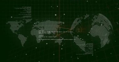 Noktalı haritayı ve dönen dünyayı gösteren şebeke, yükselen denklemleri sürükleyen lazerler alıyor. Fütürist, dijital, soyut, teknoloji, veri, görselleştirme, ağ